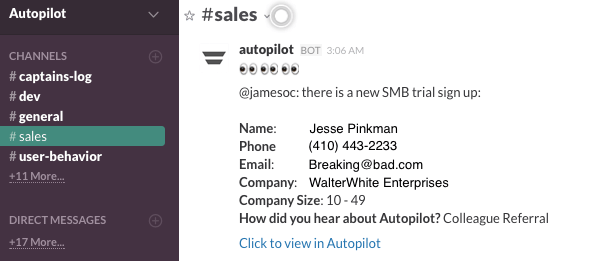 Slack Sales Channel Screenshot