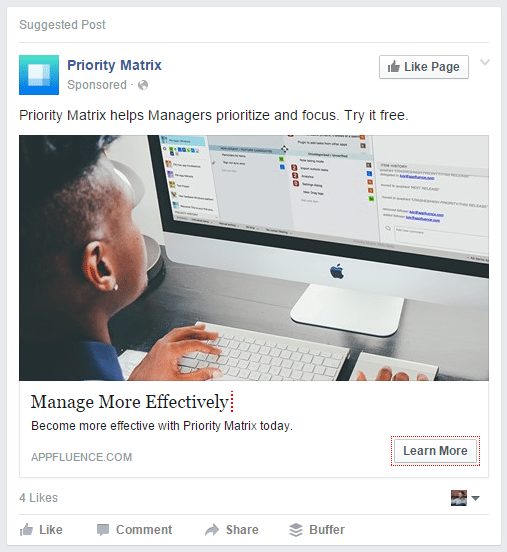 Priority Matrix Facebook ad example