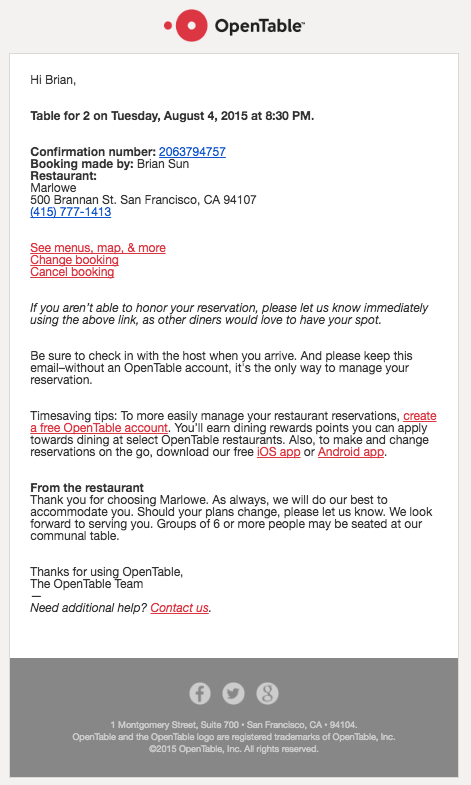 OpenTable reservation confirmation email