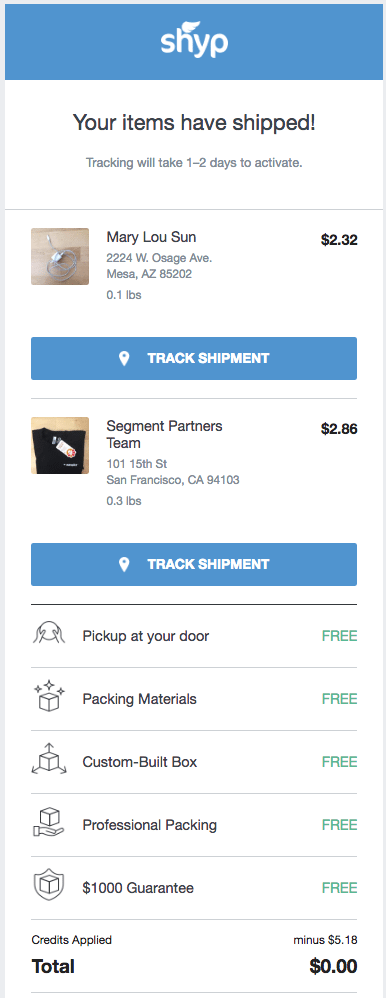 Shyp shipping notification