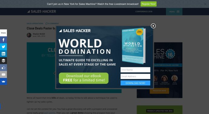 Sales Hacker lightbox popup example