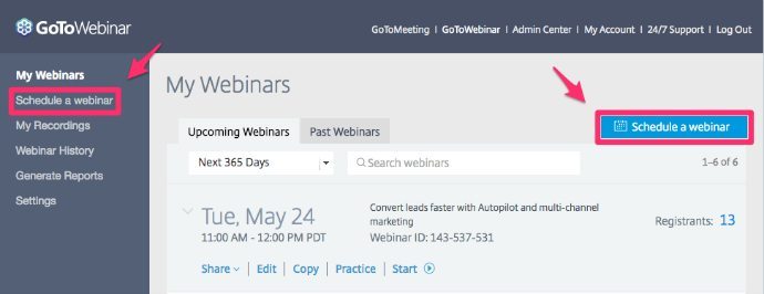 Schedule your webinar in GoToWebinar