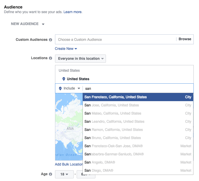 Facebook location based targeting example