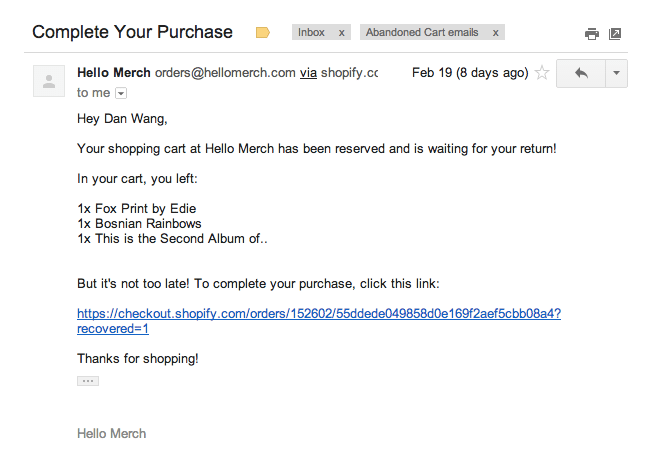 Abandoned cart email example