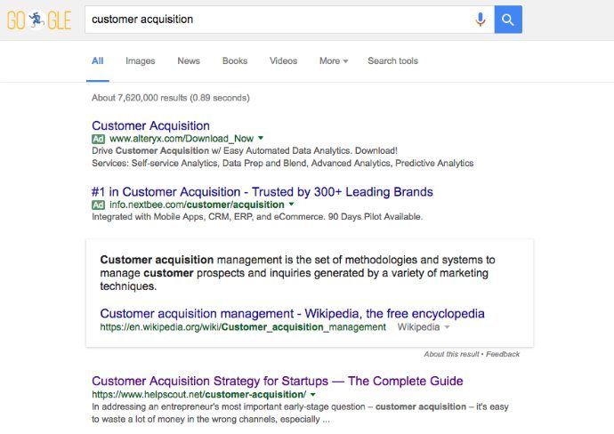 Customer acquisition search results
